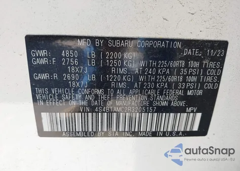 2024 Subaru Outback Limited from USA, damaged, VIN 4S4BTAMC2R3205157